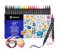 Artecho 24 couleurs de marqueurs acryliques, 0.5-5mm Dual Tip Marker résistant à l'eau avec des extrémités doubles pour Rock Painting, verre, papier, bois, oeuf, toile, céramique, tissu, cuir, DIY