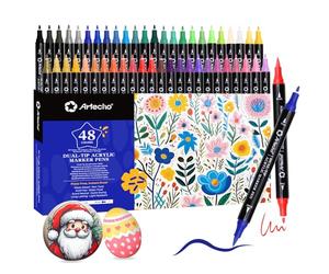 Artecho 48 couleurs de feutres acryliques, 0.5-5mm Dual Tip Marker résistant à l'eau avec des extrémités doubles pour Rock Painting, verre, papier, bois, oeuf, toile, céramique, tissu, cuir, DIY