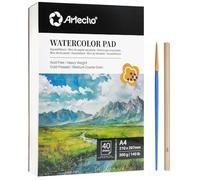 Artecho Bloc de 40 feuilles de papier aquarell A4, Cahier dessin avec pinceau et crayon, papier 300 g/m², carnet de croquis pour peinture et techniques mixtes