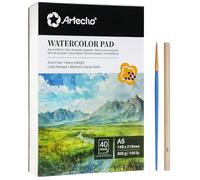 Artecho Bloc de 40 feuilles de papier aquarelle A5 avec pinceau aquarelle et crayon, papier aquarelle 300 g/m², carnet de croquis aquarelle pour peinture, dessin, croquis et techniques mixtes