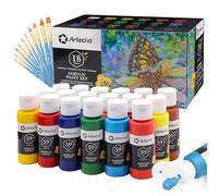 Artecho Ensemble de peinture acrylique 18 couleurs 59 ml avec 10 pinceaux, peinture imperméable, fournitures de base de peinture acrylique pour bois, tissu, artisanat, toile, cuir et pierre