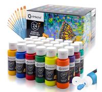 Artecho Ensemble de peinture acrylique 24 couleurs de 59 ml avec 10 pinceaux, fournitures de base de peinture acrylique pour bois, tissu, artisanat, toile, cuir et pierre