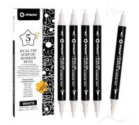 Artecho Lot de 5 stylos de peinture acrylique à double pointe blanche - Pointe fine et pointe pinceau pour pierre, peinture sur roche, papier, citrouille, bois, œuf, toile, céramique, tissu, cuir