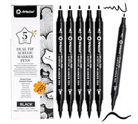 Artecho Lot de 5 stylos de peinture acrylique à double pointe noire - Pointe fine et pointe pinceau pour pierre, peinture sur roche, papier, citrouille, bois, œuf, toile, céramique, tissu, cuir, verre