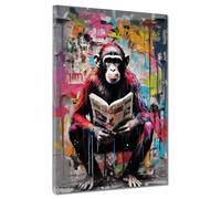 ARTEDinoi Pop Art Tableau Moderne sur Toile Singe Assis avec Un Journal décoration Murale Taille 30x40x2cm