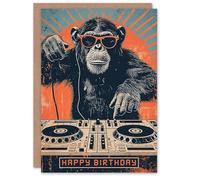 Artery8 Birthday Card Retro DJ Chimp Sunglasses Ape Decks For Him Man Male Dad Brother Son Papa Grandad Greeting Card