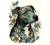 Artery8 Black Staffordshire Bull Terrier and Flowers Detailed Coloured Pencil Portrait Illustration Extra Large XL Wall Art Poster Print