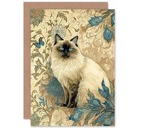 Artery8 Blue Point Ragdoll Cat with Teal Plants Art Nouveau Watercolour Illustration Art Birthday Sealed Greeting Card Plus Envelope Blank inside