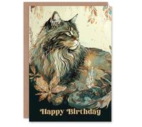 Artery8 Carte d'anniversaire avec motif chat Maine Coon avec feuilles