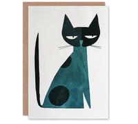 Artery8 Cat Lover Teal Mid Century Modern Geometric Pet Blank For Him Or Her Art Birthday Card