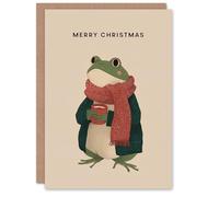 Artery8 Christmas Card Frog With Scarf Cardigan and Cup of Hot Chocolate