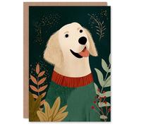 Artery8 Christmas Card Golden Retriever in Festive Sweater Folk Art