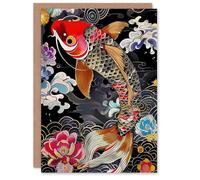 Artery8 Colourful Koi Carp Tattoo Artwork Lotus Flowers Greeting Birthday Card Him Her All Blank