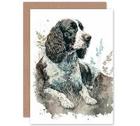 Artery8 English Springer Spaniel Dog Lying in Field Modern Watercolour Illustration Art Birthday Sealed Greeting Card Plus Envelope Blank inside