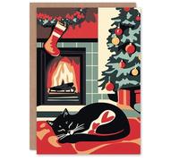 Artery8 Fireplace Decorated Tree Cat Lover Blank For Him Or Her Art Xmas Festive Christmas Card