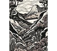 Artery8 Forest Mountain Landscape Black and White Linocut Unframed Wall Art Print Poster Home Decor Premium