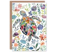 Artery8 Greeting Card Abstract Sea Turtle Colourful Floral Watercolour Blank For Him Or Her Art Birthday Card