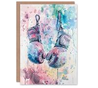 Artery8 Greeting Card Boxing Gloves Pastel Watercolour Splash Painting Blank For All Him Or Her Art Birthday Card