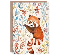 Artery8 Greeting Card Cute Red Panda in Botanical Pastel Colour Pattern For Her Woman Birthday Card