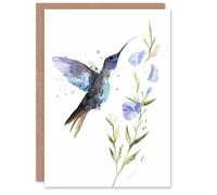 Artery8 Greeting Card Elegant Hummingbird with Wildflower Watercolour Blank For Him Or Her Art Birthday Card