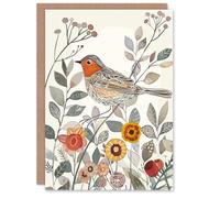 Artery8 Greeting Card Robin Bird Garden Flowers Bright Folk Art Blank For All Him Or Her Art Birthday Card