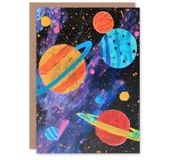 Artery8 Greeting Card Space Planets and Stars Colourful Child Painting For Child Kids Birthday Card