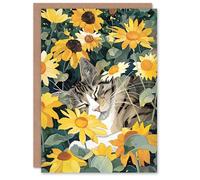 Artery8 Greeting Card Tabby Cat Lover Asleep in Wildflower Garden Blank For Him Or Her Art Birthday Card