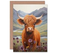 Artery8 Highland Calf Cow in Heather Scotland for Child Children Kids Birthday Thank You Daughter Sister Blank Art Greeting Card