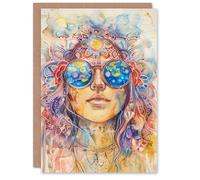 Artery8 Hippie Woman Trippy Mandala Watercolour Portrait Blank For Him Or Her Art Birthday Card