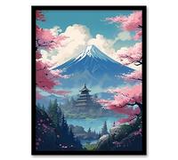 Artery8 Japanese Temple on Mount Fuji Lake Painting Green Blue Pink Cherry Blossom Trees Blooming in Tranquil Forest Landscape Artwork Framed Wall Art Print A4