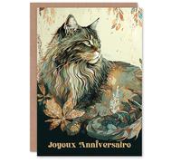 Artery8 Joyeux Anniversaire Chat Maine Coon Motif de Feuilles Carte Anniversaire