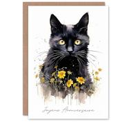 Artery8 Joyeux Anniversaire Chat Noir Avec des Fleurs Jaunes Carte Anniversaire
