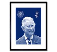 Artery8 King Charles III Coronation Royal Blue Portrait Picture with Crest and Emblem Artwork Framed Wall Art Print 9X7 inch
