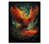 Artery8 Majestic Phoenix Bird Concept Painting Blue Orange Red Mythical Creature Rising from The Ashes Spreading Fire Wings Vibrant Portrait Artwork Framed Wall Art Print A4