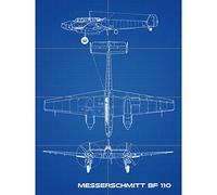 Artery8 Messerschmitt Bf 110 Fighter Bomber Blueprint Plan XL Giant Panel Poster (8 Sections) Combattant Bombardier Bleu Affiche