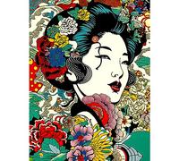 Artery8 Modern Geisha Portrait Flower Patterns Bright Floral Japan Japanese Sage Green Extra Large XL Wall Art Poster Print