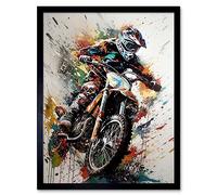 Artery8 Motocross Racer Paint Splat Action Shot Portrait Art Print Framed Poster Wall Decor 12x16 inch