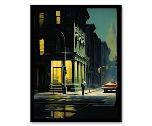 Artery8 New York at Dawn Edward Hopper Style Oil Painting Yellow Green Blue Man Walking in Empty City Street Artwork Framed Wall Art Print A4