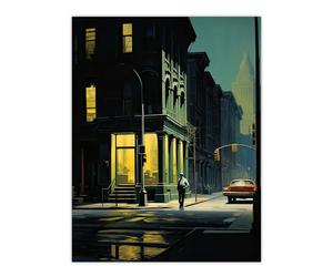 Artery8 New York at Dawn Edward Hopper Style Oil Painting Yellow Green Blue Man Walking in Empty City Street Extra Large XL Wall Art Poster Print