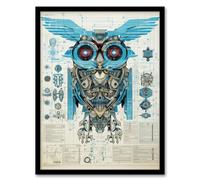 Artery8 Owl Robot Machine Schematic Diagram Engineering Page Blue Gold Futuristic Technology Design Artwork Framed Wall Art Print A4