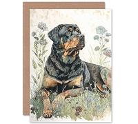 Artery8 Rottweiler Dog Lying in Wildflowers Bright Watercolour Illustration Art Birthday Sealed Greeting Card Plus Envelope Blank inside