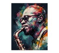 Artery8 Saxophone Player Playing Music Acrylic Painting Blue Pink Yellow Jazz Musician Portrait Extra Large XL Wall Art Poster Print