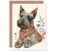 Artery8 Scottish Terrier Dog with Flower Pattern Fur Coat Modern Watercolour Illustration Art Birthday Sealed Greeting Card Plus Envelope Blank inside