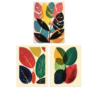 Artery8 Set of 3 A4 Abstract Leaf Artworks Colourful Boho Leaves Graphic Acrylic and Watercolour Unframed Wall Art Living Room Poster Prints Pack
