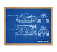 Artery8 Tiger II Panzerkampfwagen Heavy Tank Blueprint Plan Art Print Framed Poster Wall Decor 12x16 inch Réservoir Bleu Affiche mur Déco
