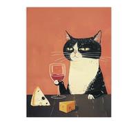 Artery8 Tuxedo Cat Drinking Wine with Cheese Painting For Kitchen Extra Large XL Wall Art Poster Print