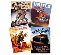 Artery8 US Military World War 2 Army United Seabees Tank Mr Peanut Home Decor Premium Wall Art Poster Pack of 4 Militaire Monde Guerre Armée Réservoir Accueil Déco mur Affiche