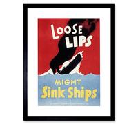 Artery8 War WWII USA Loose Lips Sink Ships Poster Artwork Framed Wall Art Print 12X16 Inch Guerre 2eme guerre mondiale Les états-unis d'Amérique Bateau Affiche mur