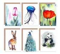Artery8 Watercolour Nature Animals Flowers All Occasions Various Assorted Blank Greeting Cards With Envelopes Pack of 6 Aquarelle La nature Animaux Fleurs
