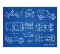 Artery8 Willys MB US Military Jeep Vehicle Blueprint Plan Large Wall Art Poster Print Thick Paper 18X24 Inch Militaire Bleu mur Impression d'affiches